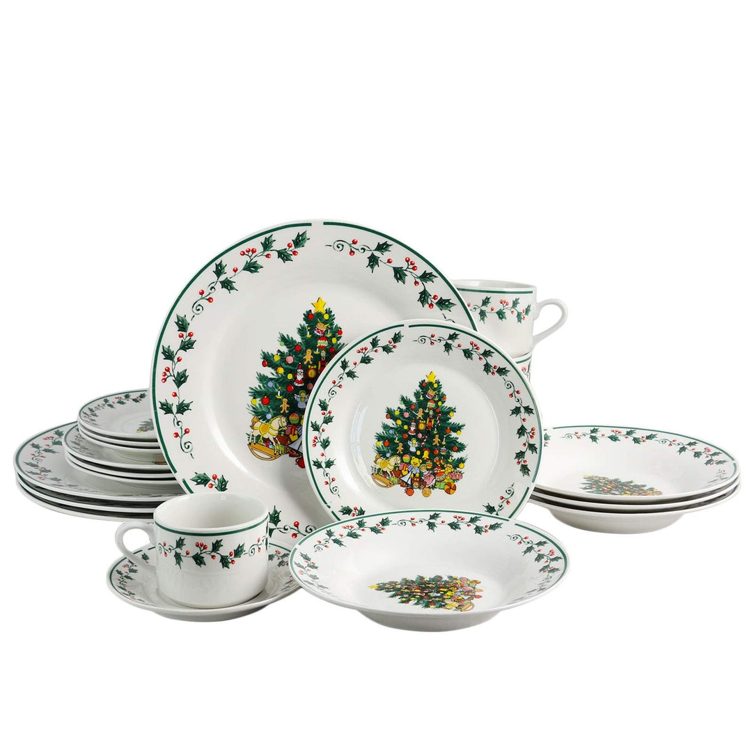 Cozy Christmas Tree Fine Ceramic 20 Piece Decorated Dinnerware Set White Holiday