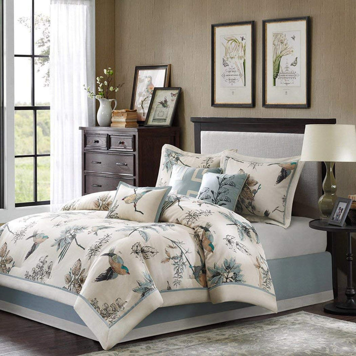 7 Piece Girls Light Blue Off White Bird Themed Comforter Cal King Set California - Diamond Home USA