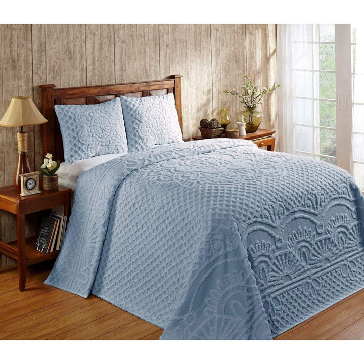 3 Piece 120 x 110 Pale Blue Oversized Chenille Bedspread King to The Floor Blue - King