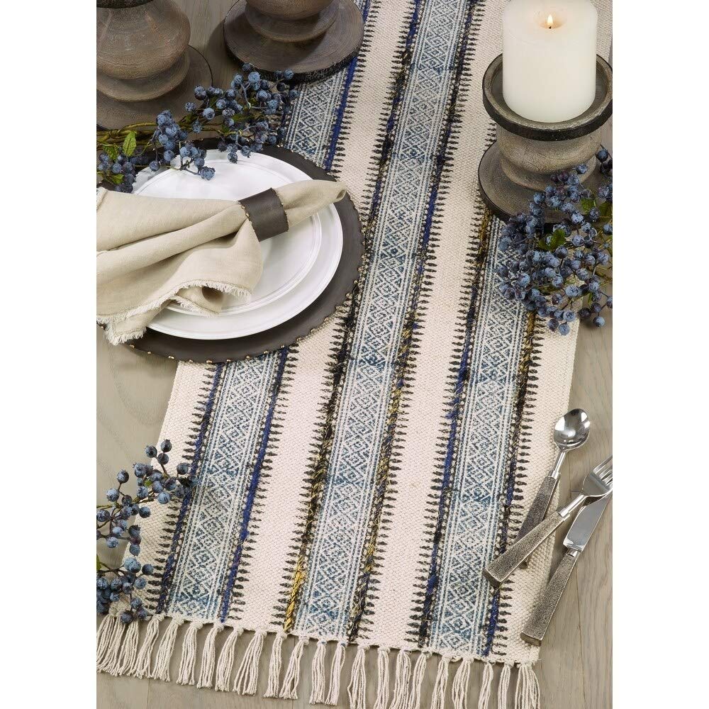 Embroidered Table Runner with Block Print Design Blue Cotton