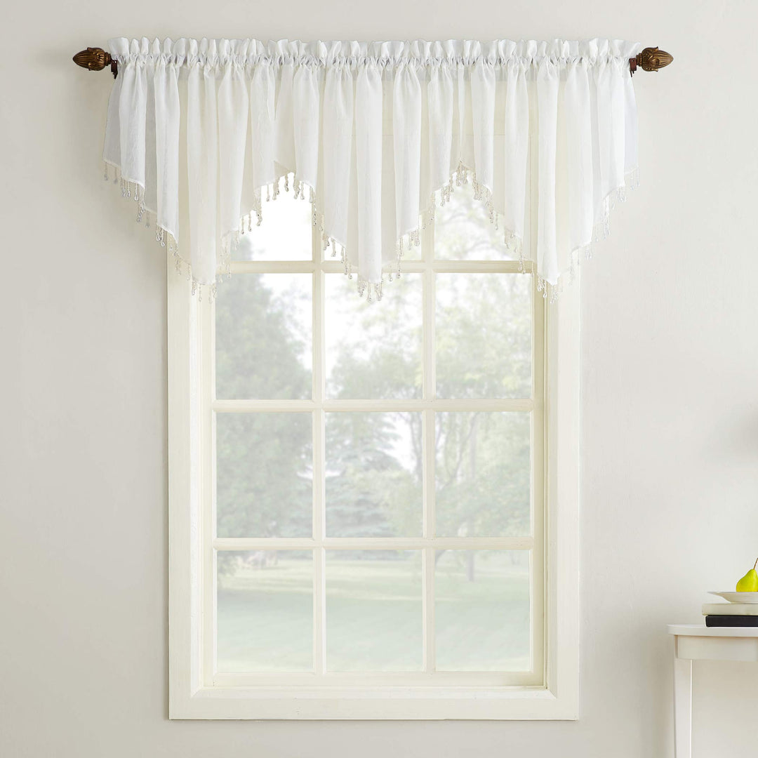 No. 918 Erica Crushed Voile Ascot Beaded Sheer Rod Pocket Curtain Valance 51x24 - Eggshell