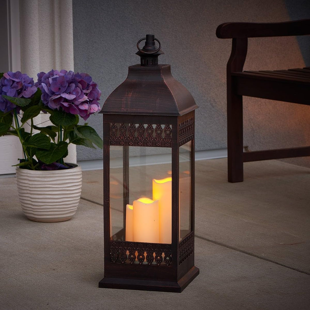 San Triple Led Candle Lantern- Bronze Brown Classic Glass Metal Antique