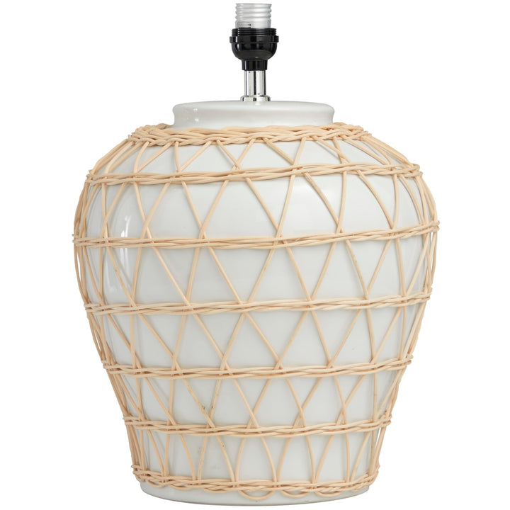 White Ceramic Woven Rattan Geometric Table Lamp with Linen Shade