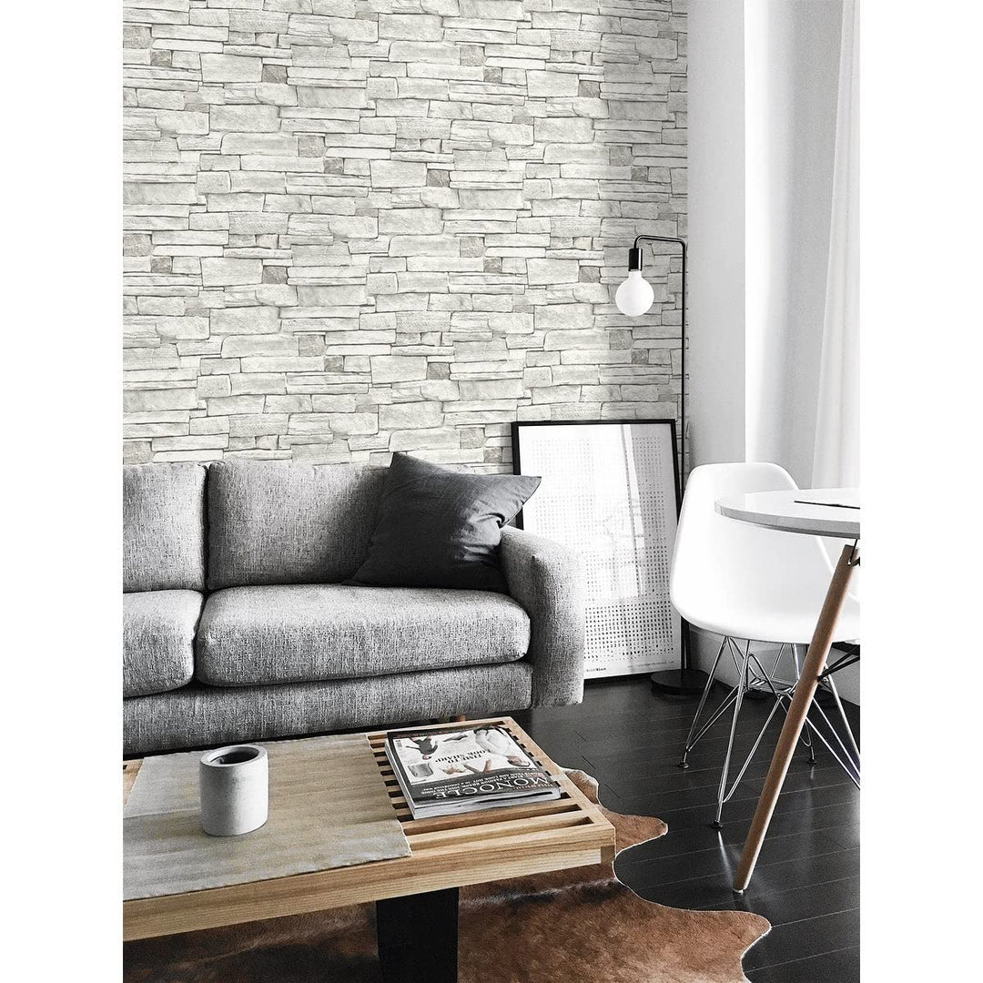 Stacked Stone Peel and Stick Wallpaper 20.5 in. W X 18 Ft. L Grey Off/White