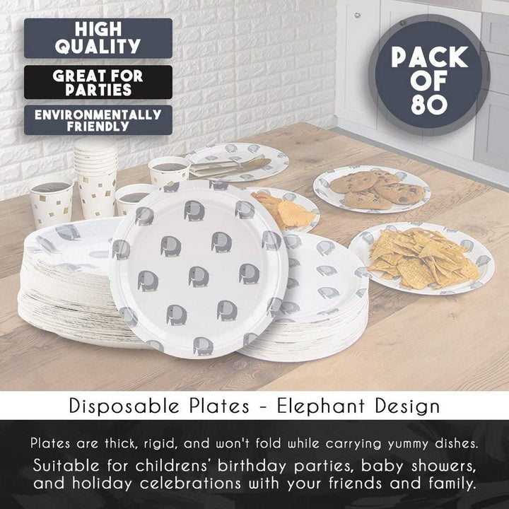 80-count Disposable Paper Plates Elephant Party Supplies 9 Inch White Animal - Diamond Home USA