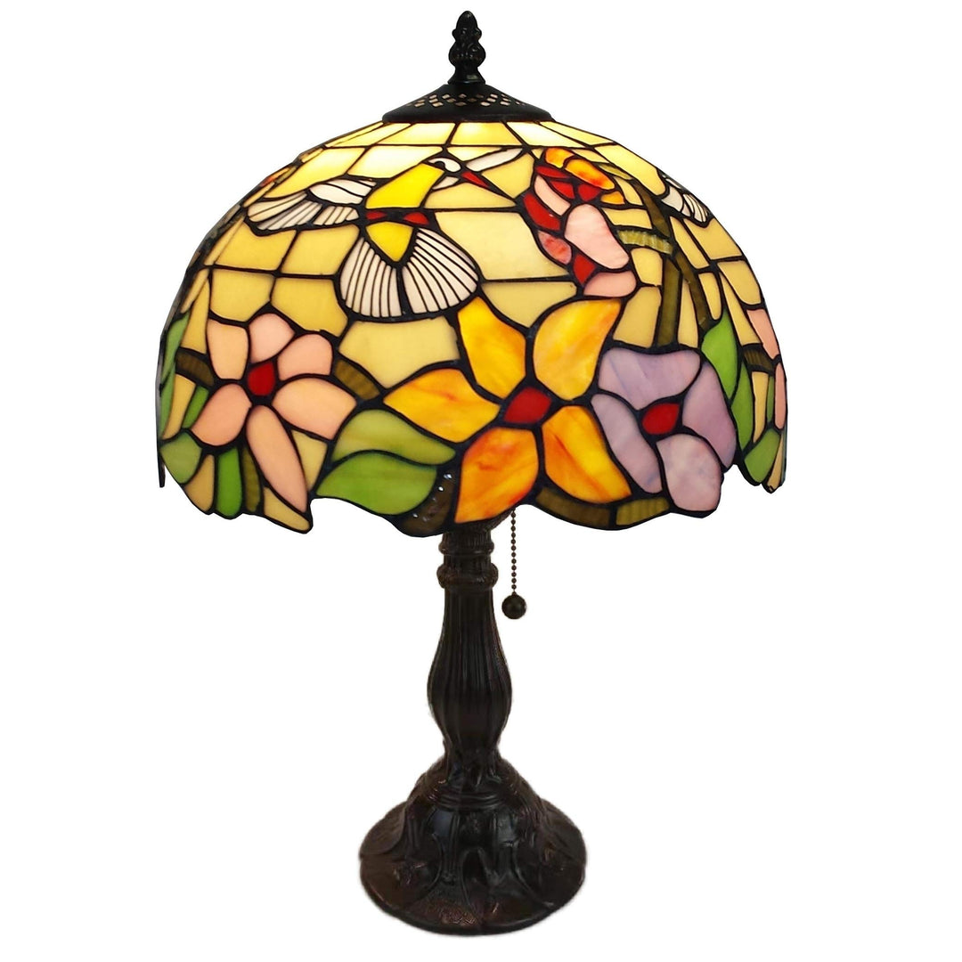 Tiffany Style Table Lamp Banker 19" Tall Stained Glass Yellow Red Tan Floral