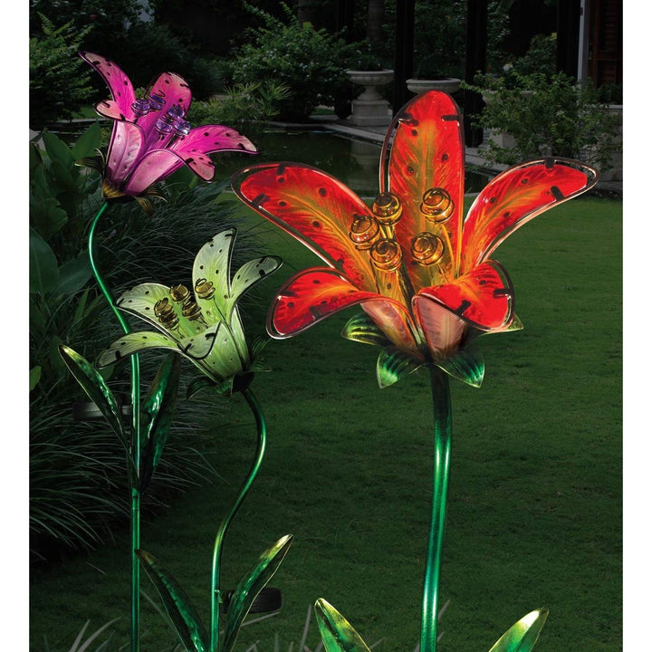 Solar Tiger Lily Stake Pink 9"x7.25"x33" Metal