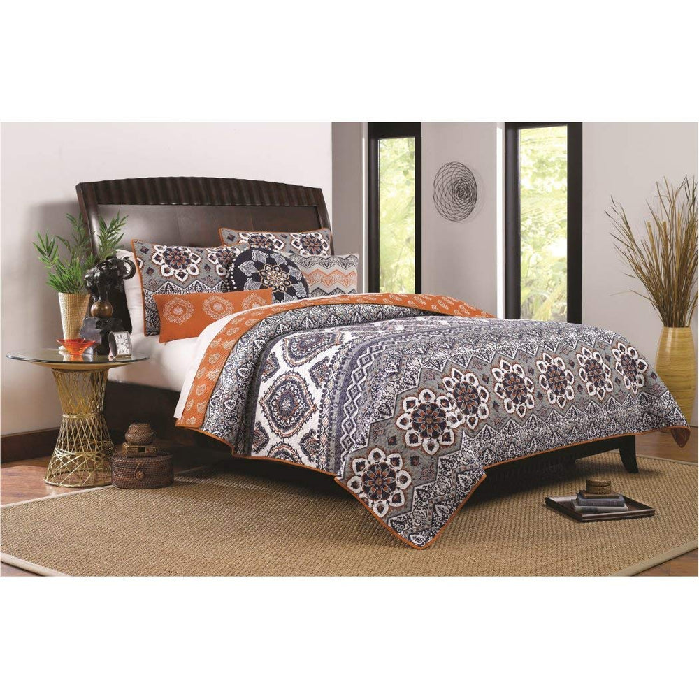 3 Piece Beautiful White Burnt Orange Grey Navy King Quilt Set Medallion Bohemian