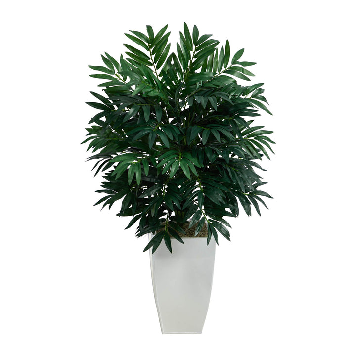 Nearly Natural 3ft. Bamboo Palm Artificial Plant in White Metal Planter