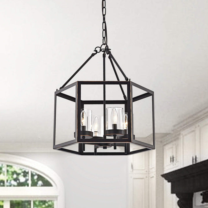 Oil Rubbed Bronze 4-light Hexagon Lantern Cage Chandelier Farmhouse Metal