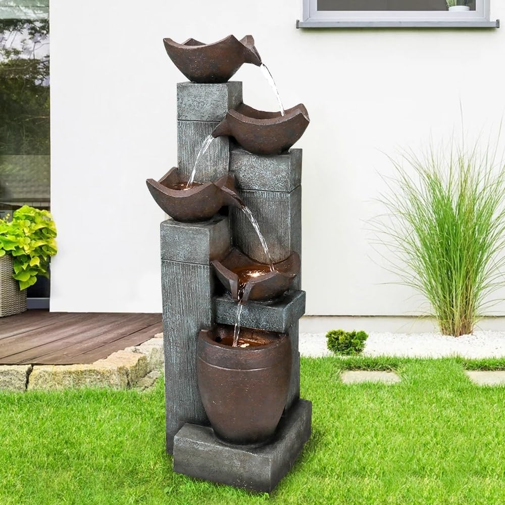 5-tier Outdoor Water Fountains W/led Lights Resin Fountain for Garden Grey