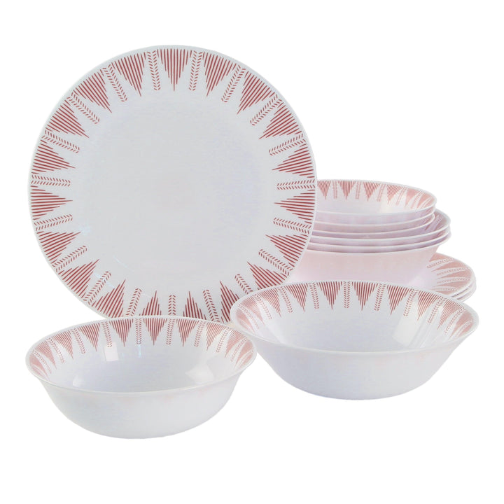 12 Piece Opal Glass Dinnerware Set In White With Red Accents Geometric Casual