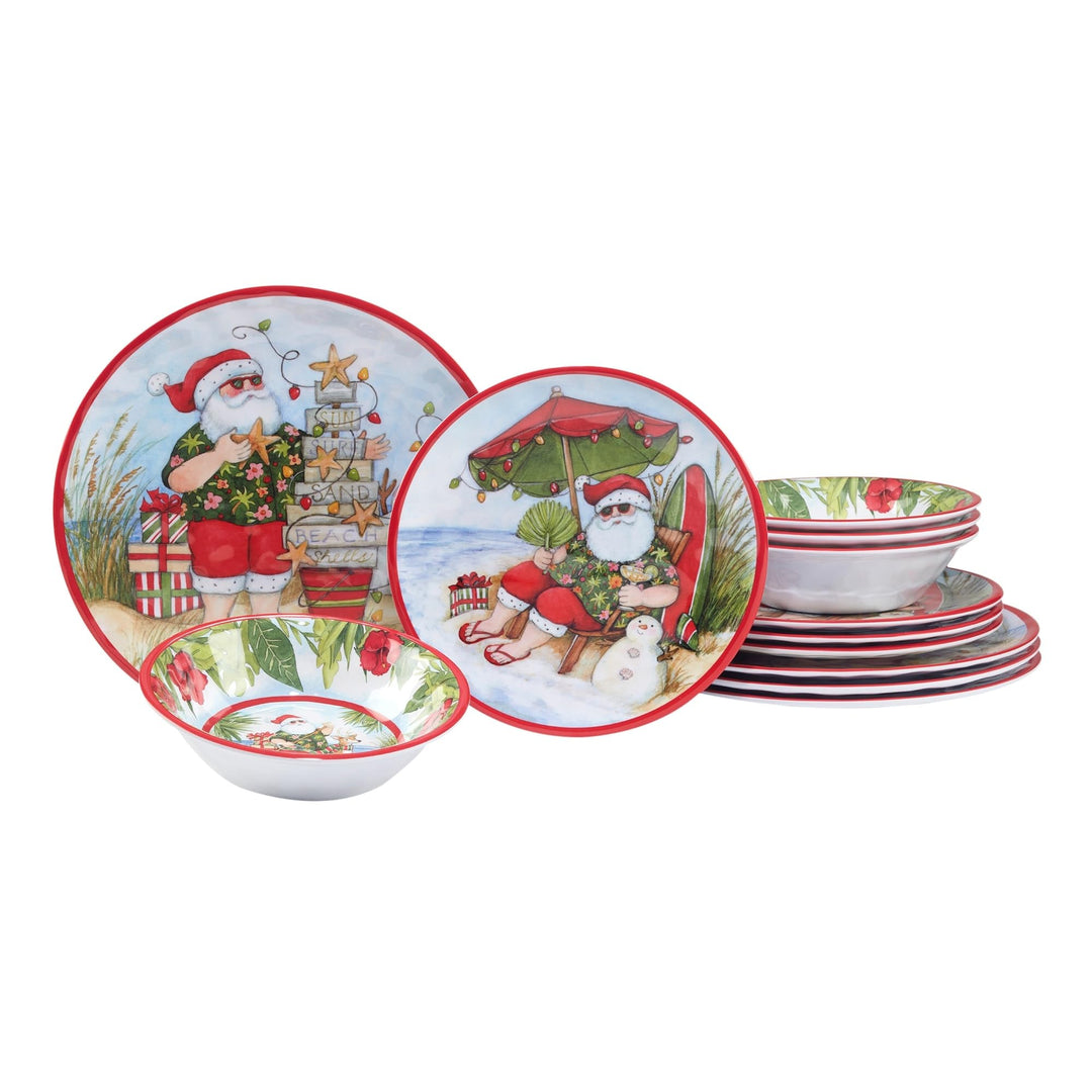 12 Piece Dinnerware Set Service For 4 Green Multi Color Red Holiday Casual Round