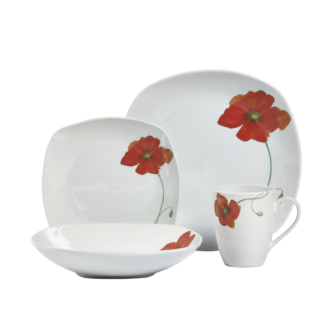 Tabletops Gallery Poppy - 16 Piece Square Dinnerware Set Service of 4