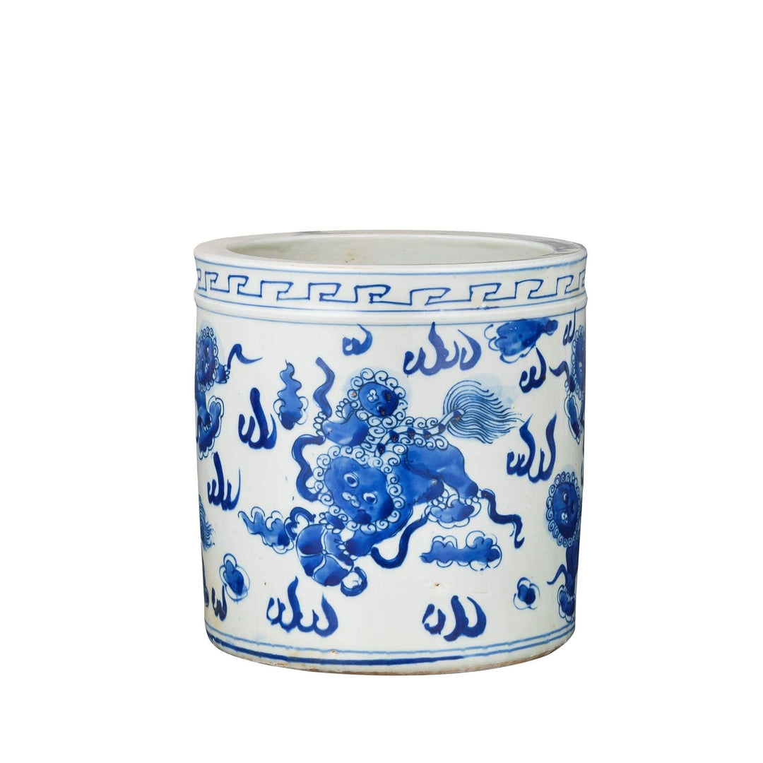 Blue and White Orchid Pot Foo Dog Motif Porcelain