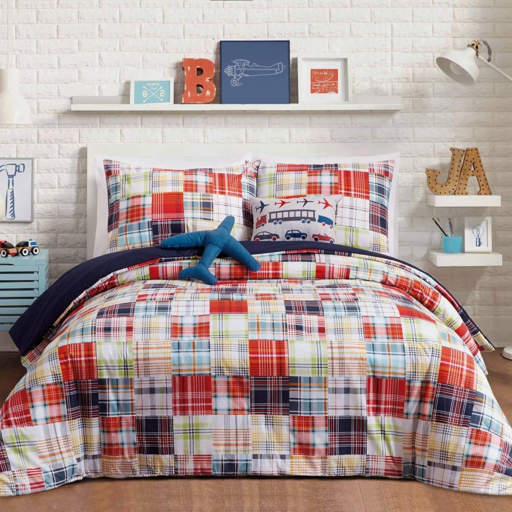 N-A 4 Piece Multi Color Madras Plaid Comforter Twin Set Red Blue Green Orange Twin - 4 Piece