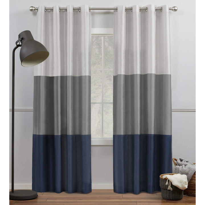 Exclusive Home Chateau Striped Faux Silk Grommet Top Curtain Panel Pair 54x96 - Navy/Grey