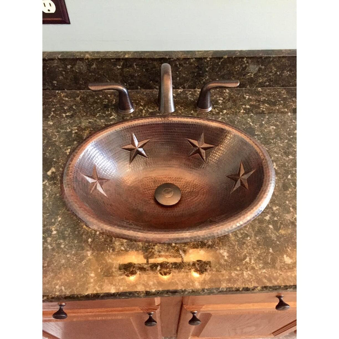 19" Oval Copper Bathroom Sink With Stars X 14" 5.5" Brown Finish Hammered Oil - Diamond Home USA