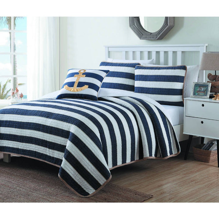 UN3 4 Piece Gold Navy Blue White Full Queen Quilt Set Rugby Striped Themed