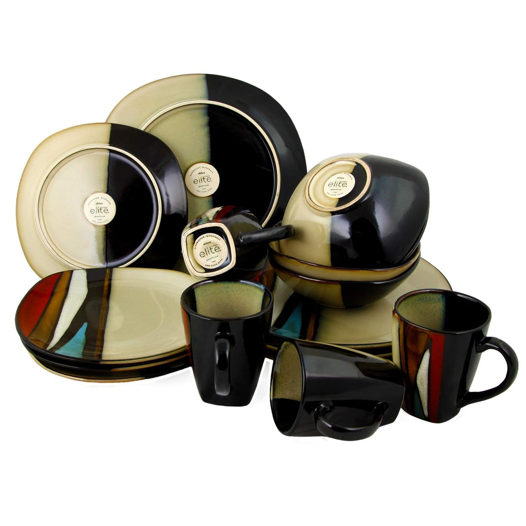 16 Piece Stoneware Dinnerware Set Brown Stripe Casual Square Microwave Safe