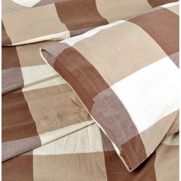 3 Piece Caramel Brown Plaid Pattern Duvet Cover Set King Tan Beige Checkered - Diamond Home USA