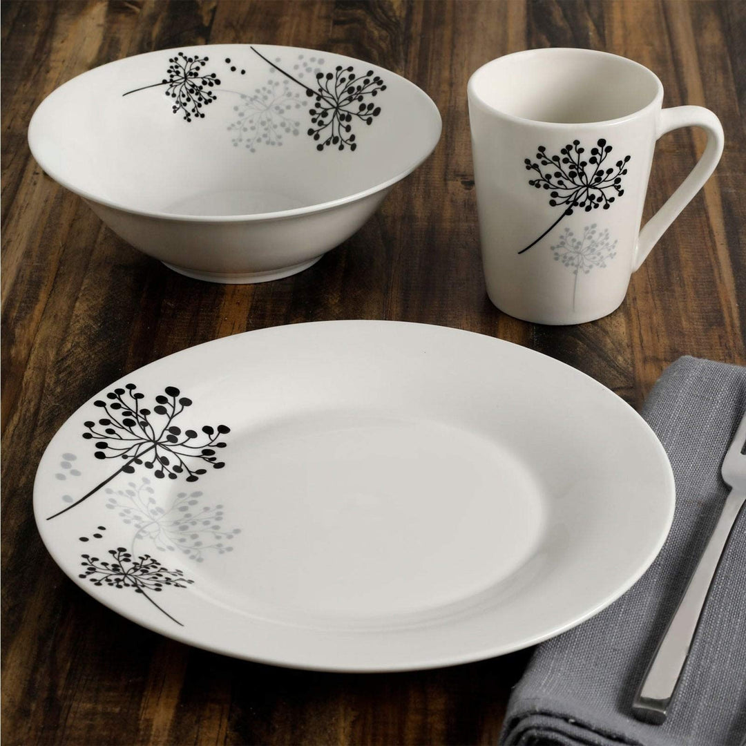 Floral Touch 12 Piece Dinnerware Set White Casual Round Stoneware Microwave Safe