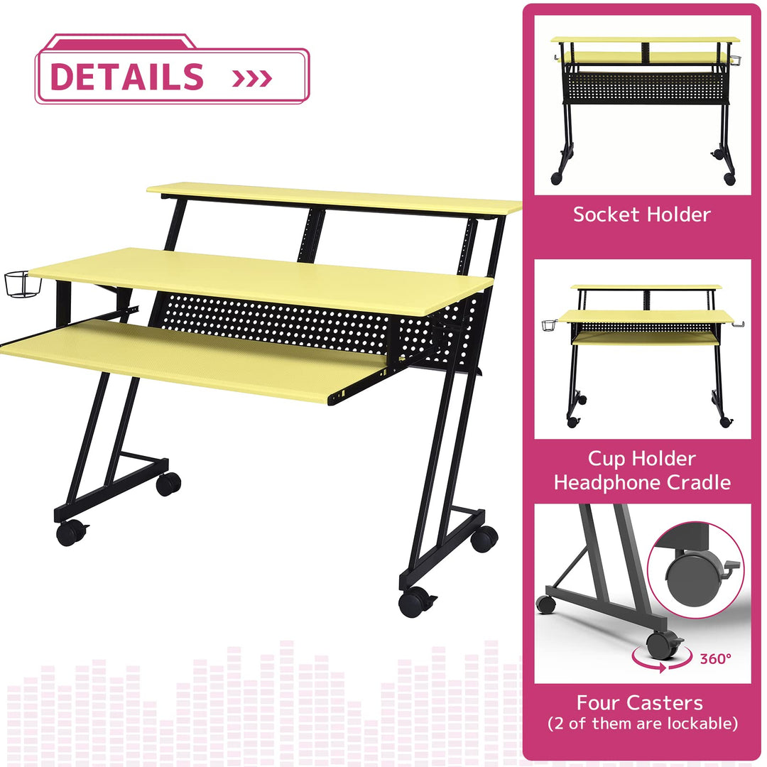 Acme Suitor Wooden Top Music Recording Studio Desk in Yellow and Black - Diamond Home USA