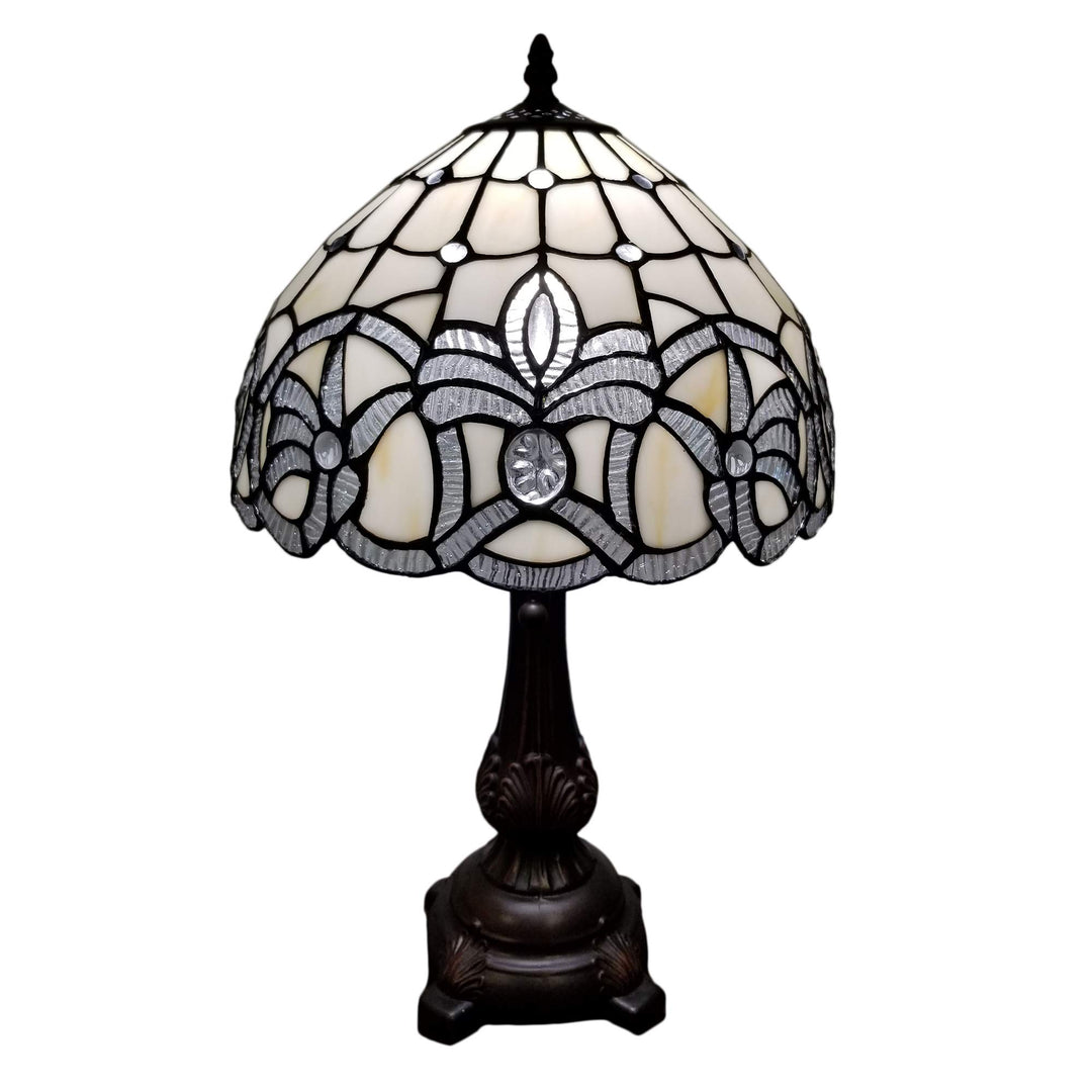 Tiffany Style Table Lamp Banker 19" Tall Stained Glass White Mahogany Elegant