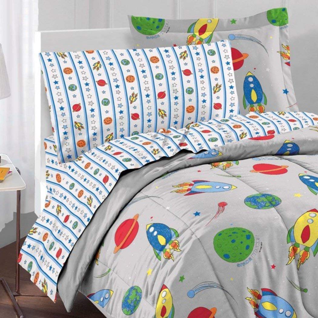 BCOS 5 Piece Kids Twin Size Sun Moon Stars Comforter Set Outer Space Galaxy