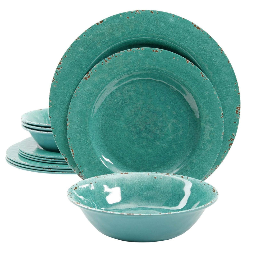 California 12 Piece Dinnerware Set in Green Decal Blue Solid Casual Round