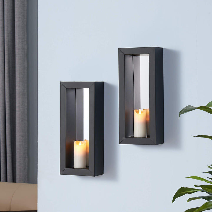 Vertical Mirror Pillar Candle Sconce (Set of 2) Black Rustic Iron