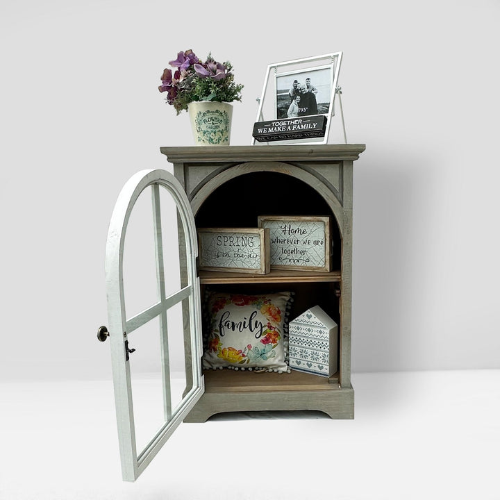 Farmhouse Wood Storage Cabinet with Arched Door and Shelf Grey Rustic Antique