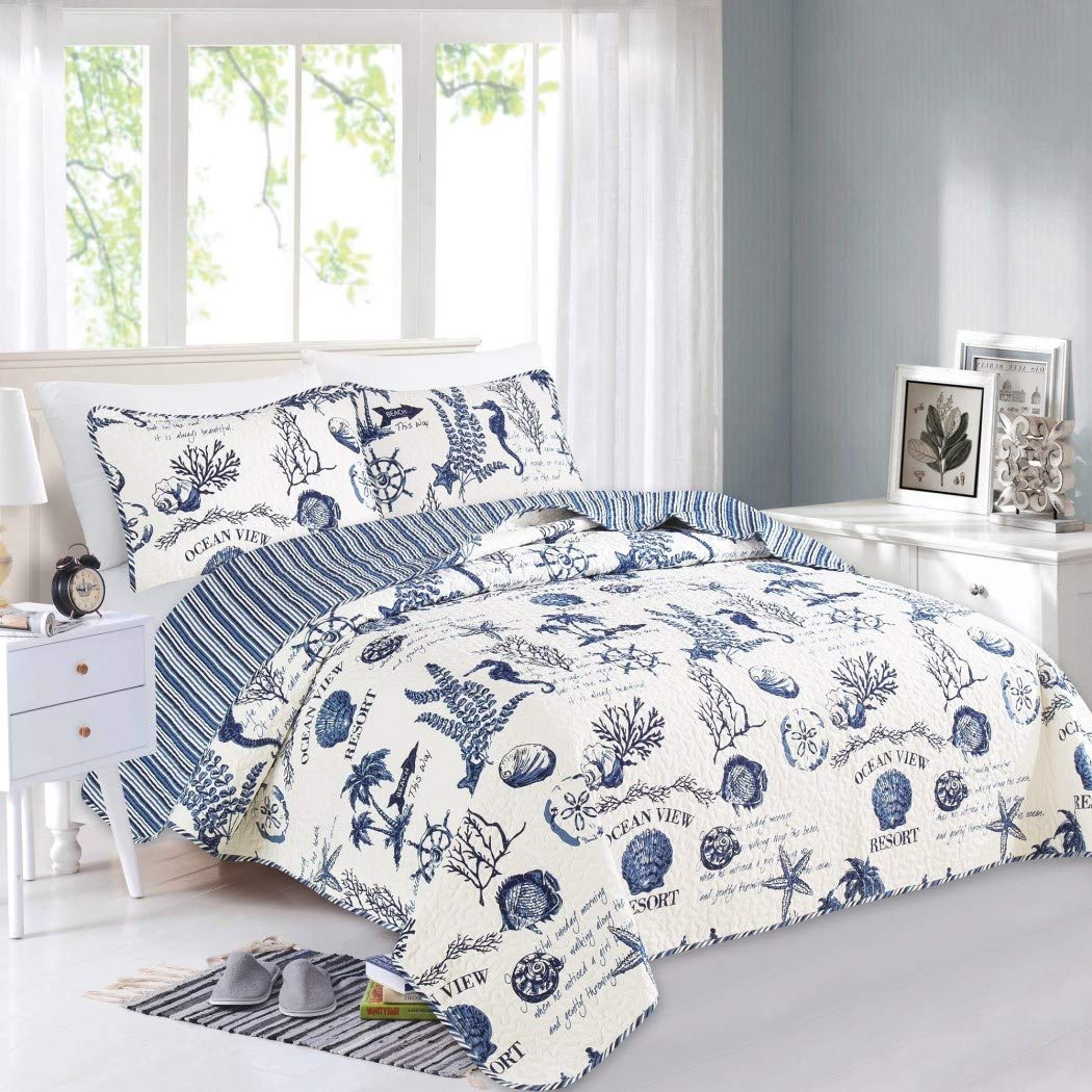 D&H 2 Piece Blue White Beach Theme Quilt Twin Set Sea Shell Life Inspired