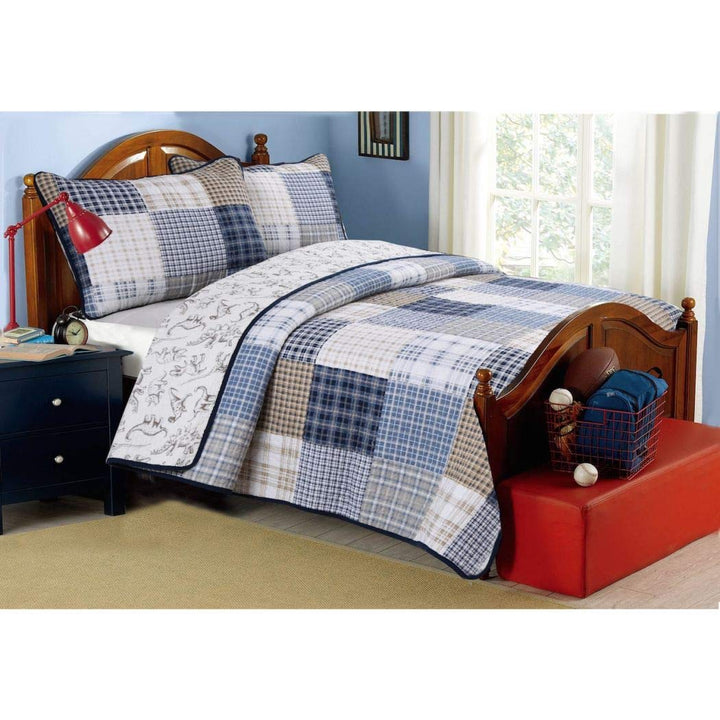 MI 2 Piece Blue White Plaid Kids Twin Quilt Set Cabin Lodge Stripe Theme Bedding