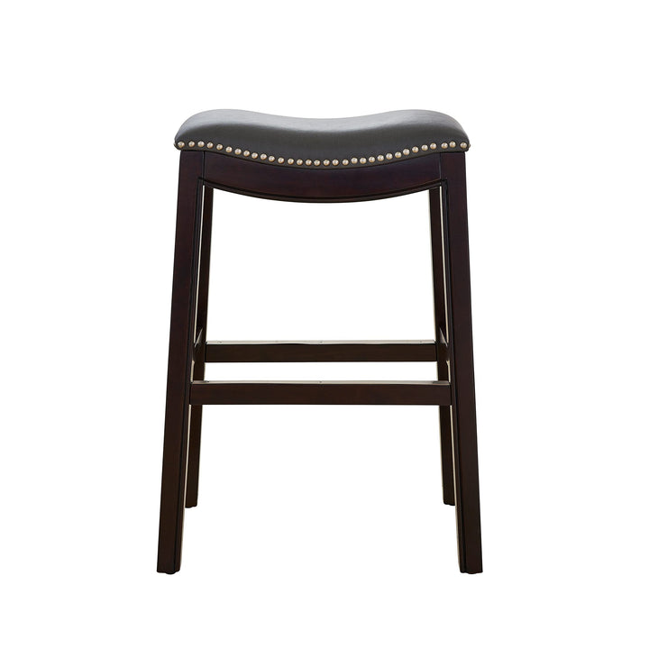 Counter Height Barstool with Grey Leather Seat Brown Modern Contemporary Wood