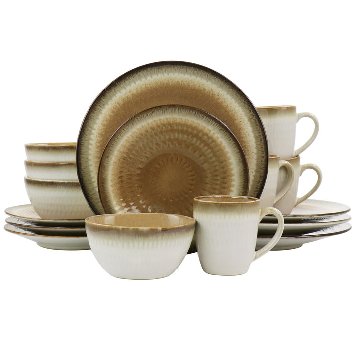 16 Piece Ceramic Dinnerware Set In Brown Textured Casual Round Dishwasher Safe