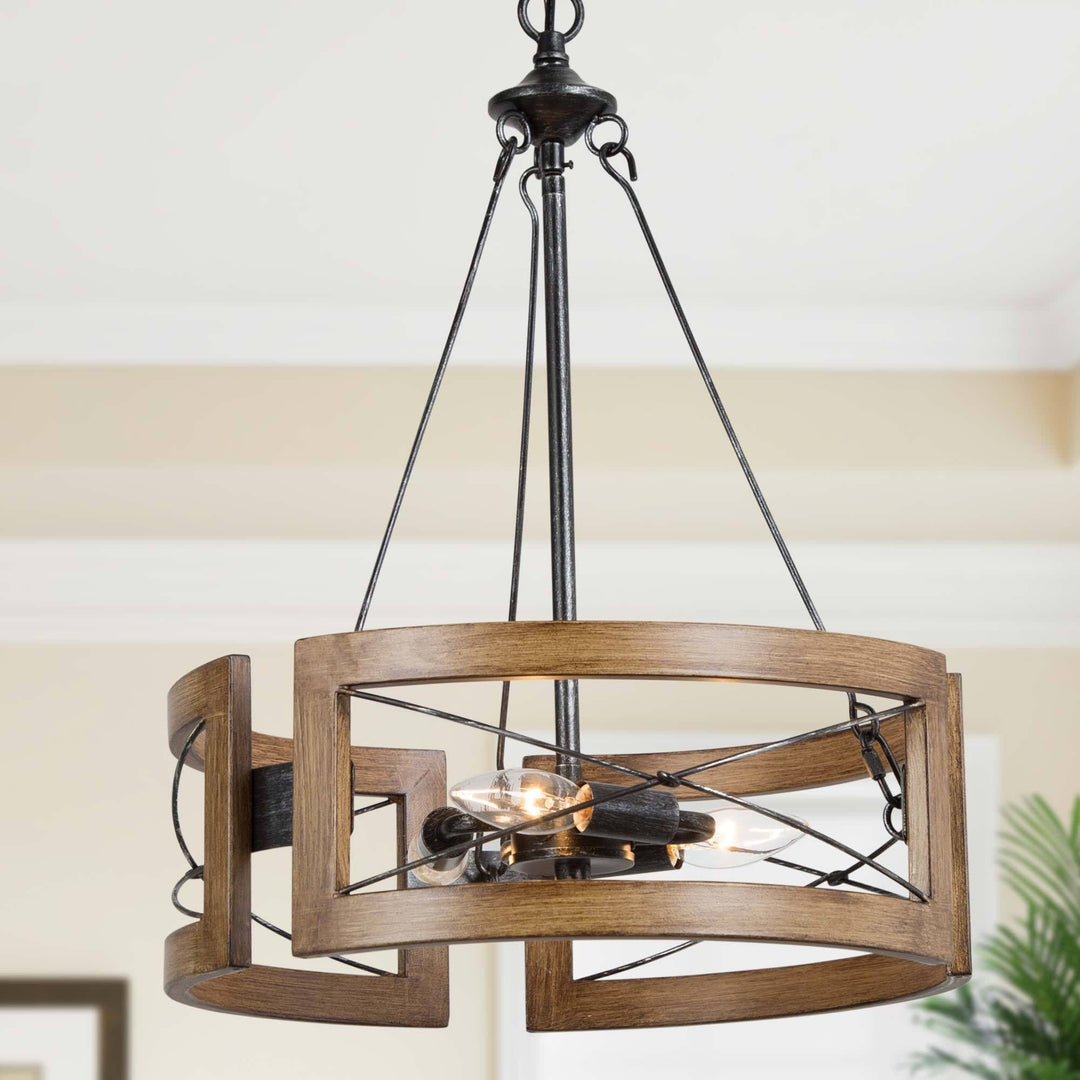 Farmhouse 3-light Drum Chandelier Wood Finish for Dining Room D15.5 * H 20.5"