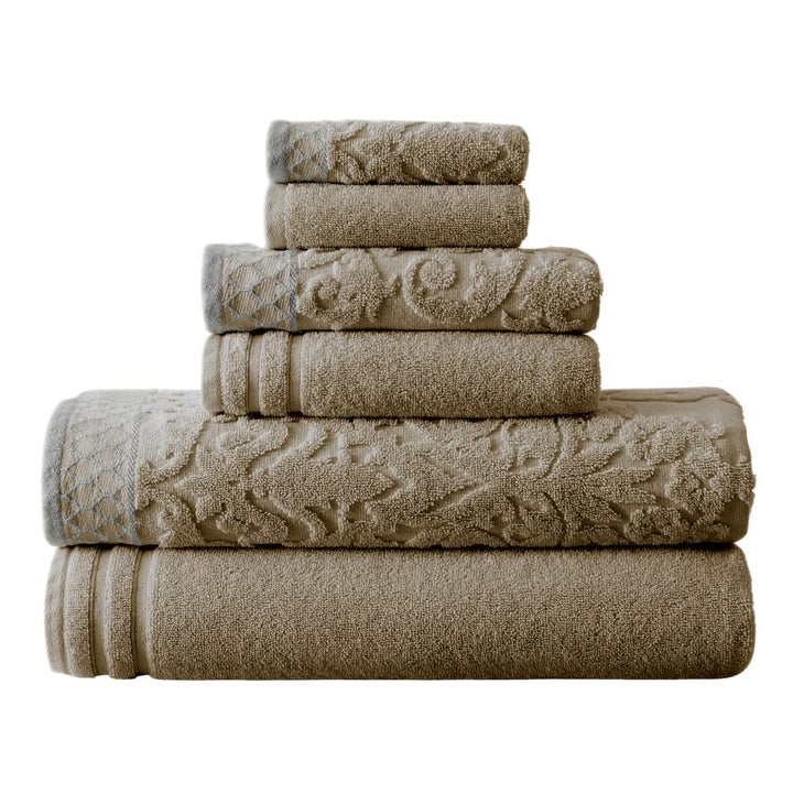 Modern Threads 6-Piece Damask Jacquard/Solid Ultra Soft 550GSM 100% Combed Taupe