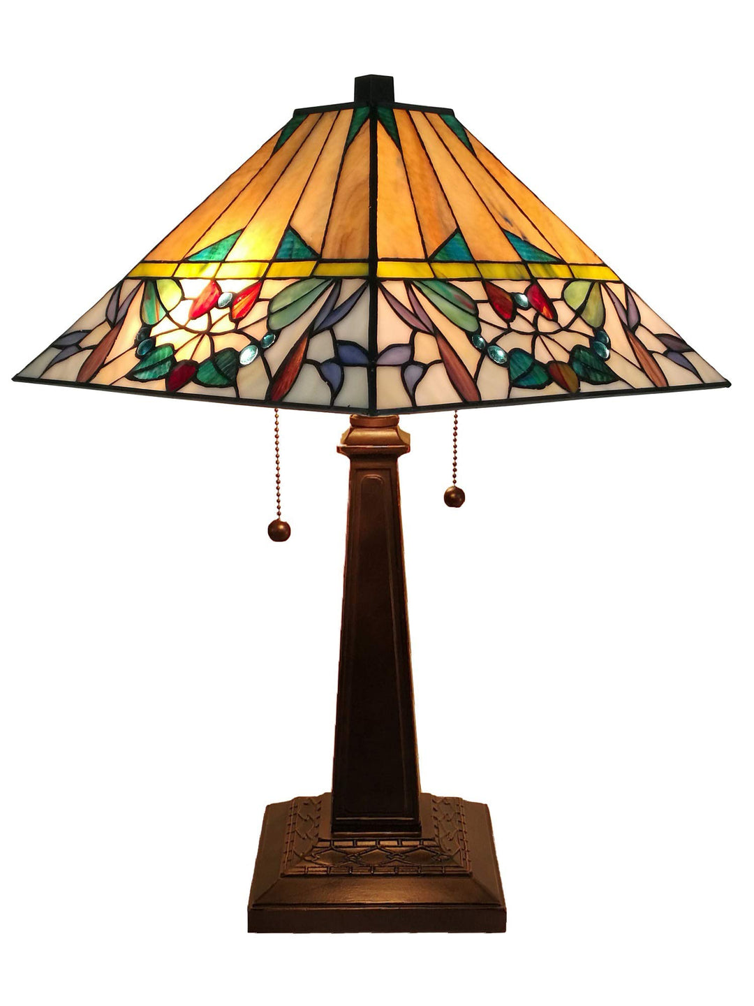 Tiffany Style Table Lamp Banker Mission 22" Tall Stained Glass Tan Green