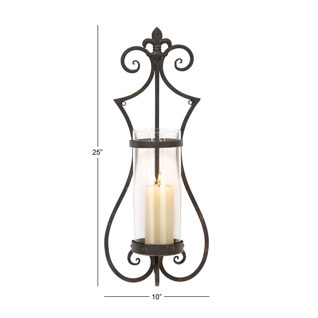 Metal and Glass Wide Candle Sconce Black Clear Traditional Iron