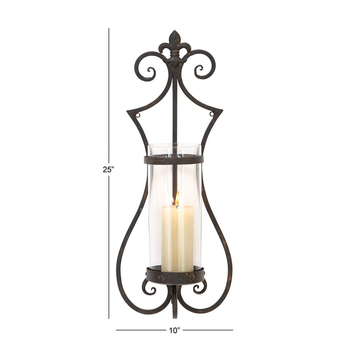 Metal and Glass Wide Candle Sconce Black Clear Traditional Iron