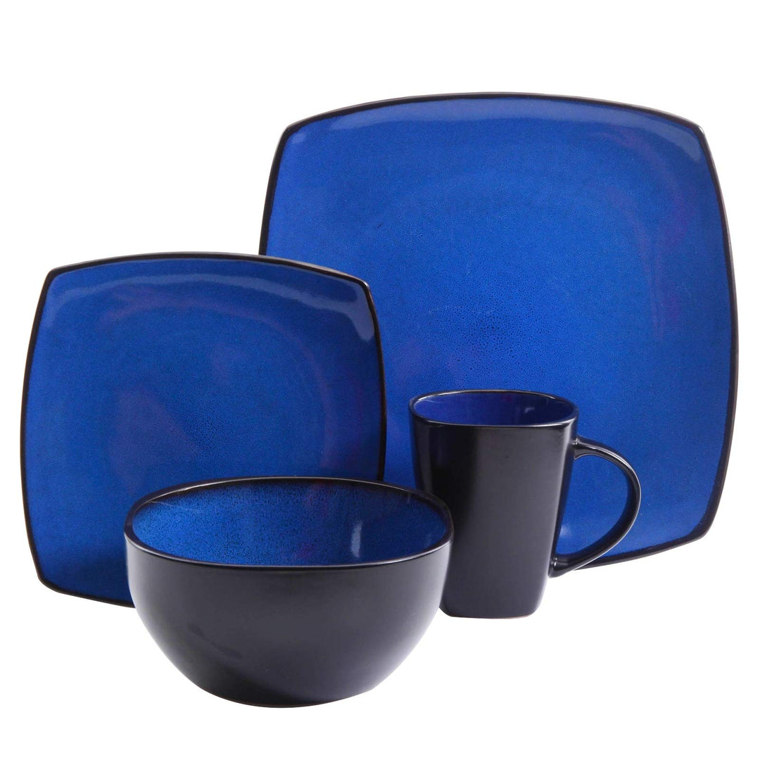 Downtown 16 Piece Stoneware Dinnerware Set -Soft Square in Blue Solid Casual