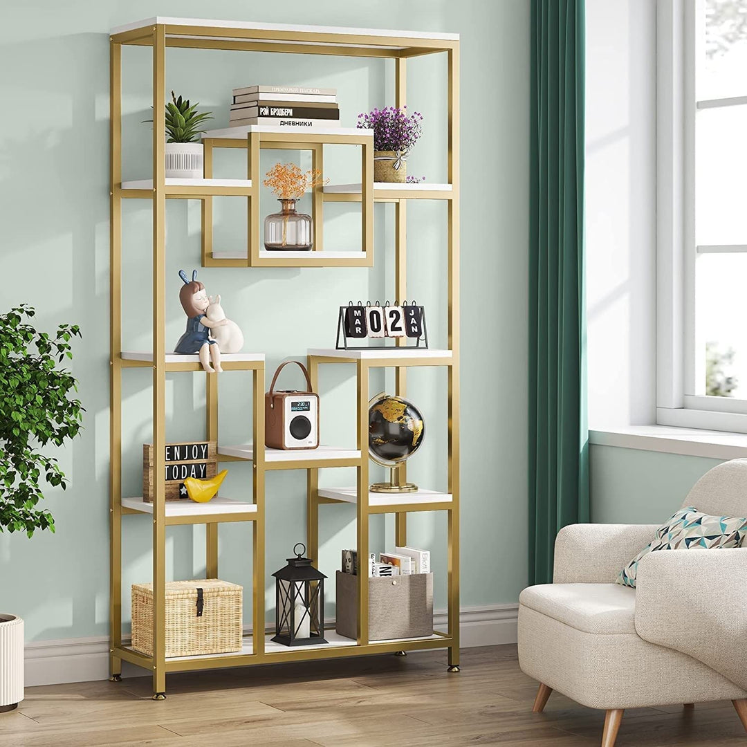 71 Inch Tall Bookshelf Freestanding Geometric Bookcase White and Gold Modern - Diamond Home USA