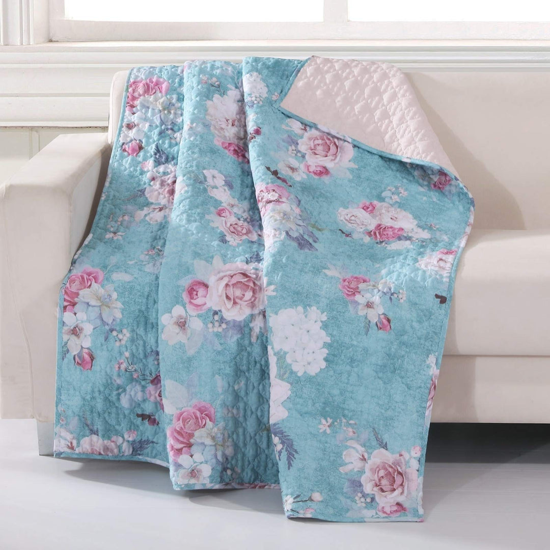 Turquoise Blue Reversible Throw Blanket Green Pink Floral Solid Color Microfiber