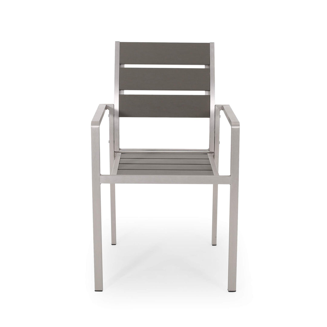 GDFStudio Outdoor Modern Aluminum Dining Chair with Faux Wood Seat (Set of 2) Gray+Silver