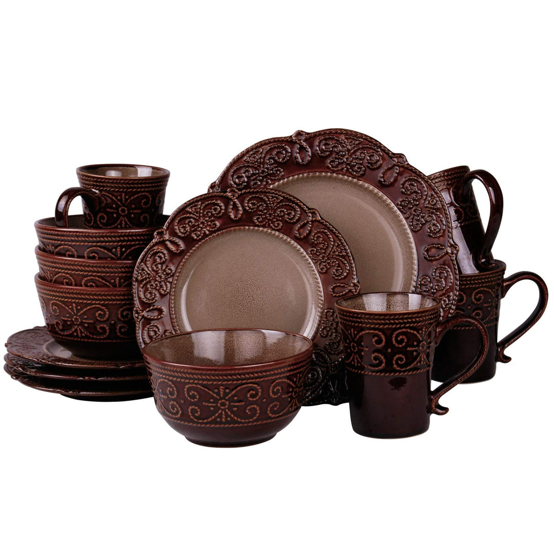 Rim 16 Piece Stoneware Dinnerware Set Brown Textured Casual Round Medium