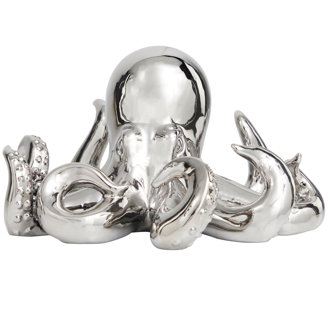 Silver Ceramic Octopus Sculpture with Textured Tentacles