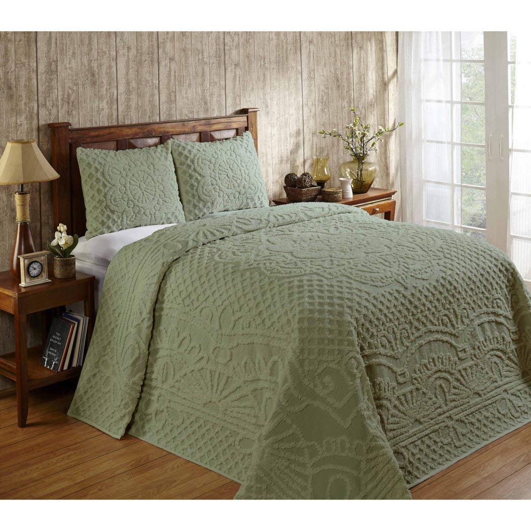 2 Piece Green Oversized Chenille Bedspread Twin Drapes Over Edge Drops Down To Sage - Twin