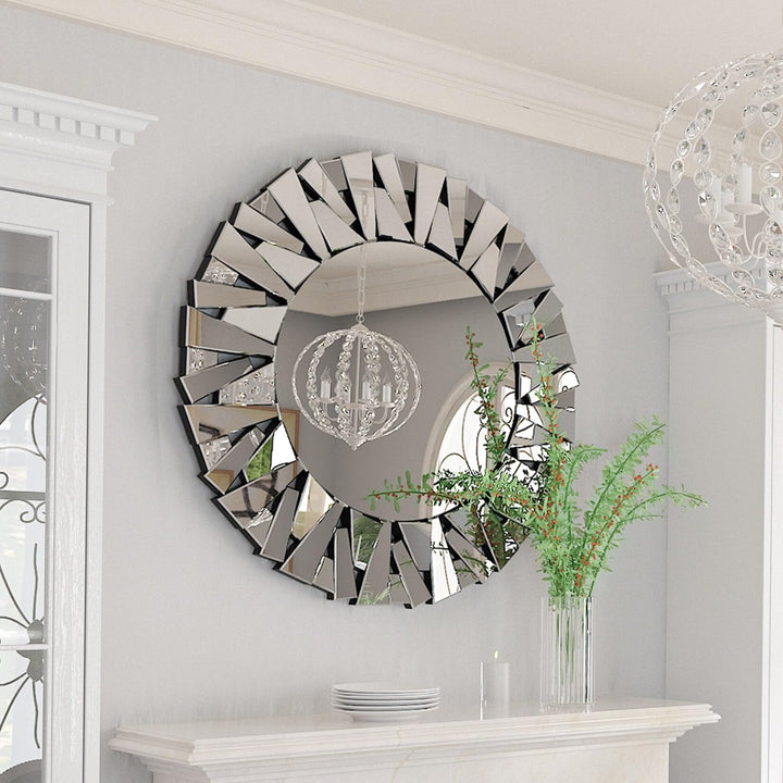 Sunburst Round Glass Accent Wall Mirror 32"x32" Silver Modern Contemporary