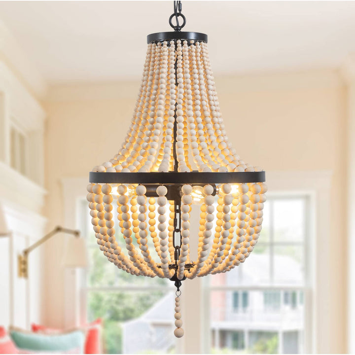 Farmhouse Wood Beaded Chandelier Modern Light Black Bohemian Eclectic Metal